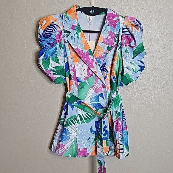 NWT Small Blazer Top Puff Sleeve tropical print with belt - Picture 2 of 9